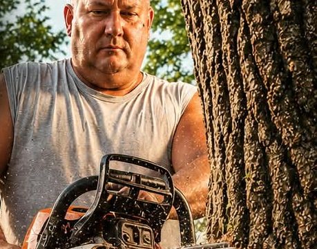 Chainsaw cutting into a large hardwood trunk