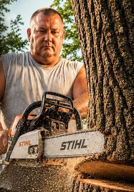 Tree removal in northern Indiana — Hoosier Tree Service crew felling a large tree with a chainsaw