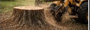 Stump grinding service — grinder cutting a stump below ground level